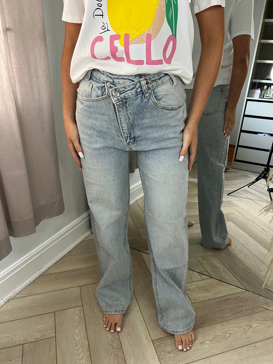 Cross Waistband Diamanté Acid Wash Blue Wide Leg Jeans
