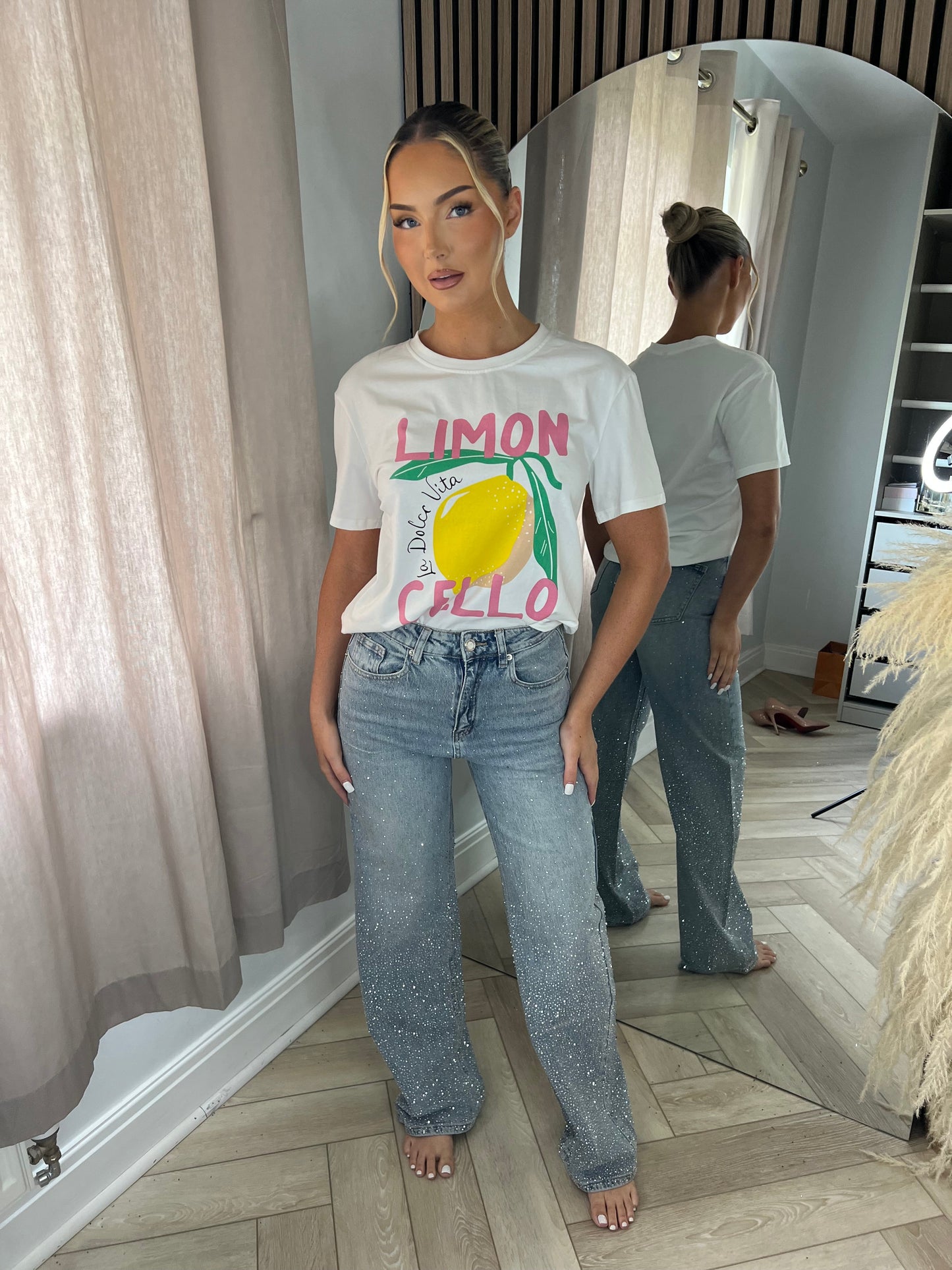 Vintage Wash Ombré Diamanté Wide Leg Jeans