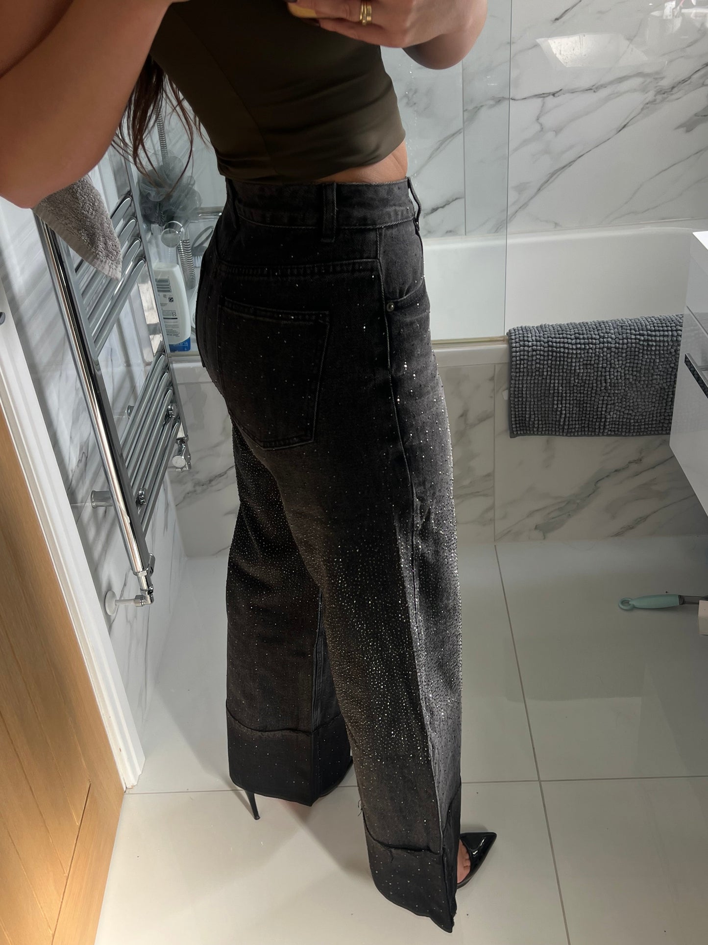 Dark Grey Folded Hem Diamanté Jeans