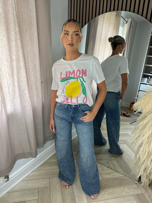 Dark Blue Ombré Diamanté Wide Leg Jeans