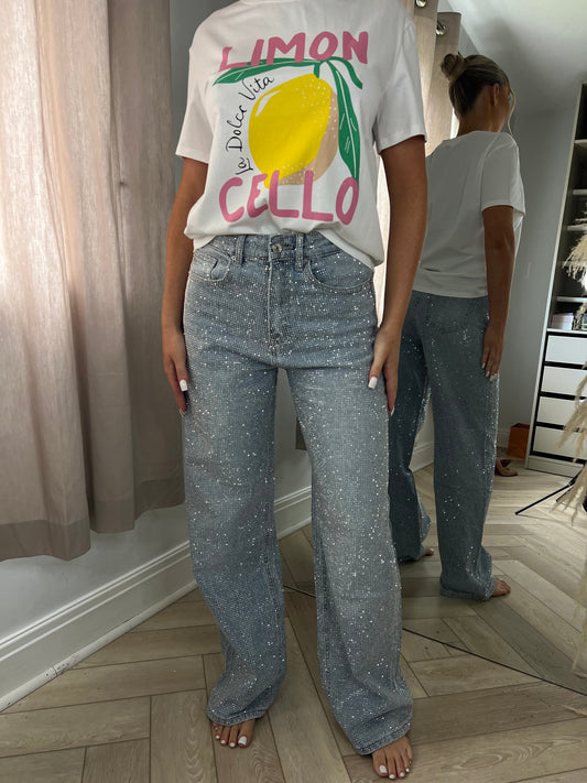 Silver Diamanté Blue Wide Leg Sparkle Covered Jeans