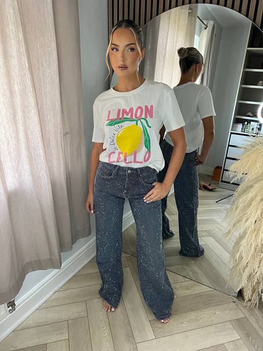 Tall 33” Dark Blue Diamanté Wide Leg Sparkle Covered Jeans