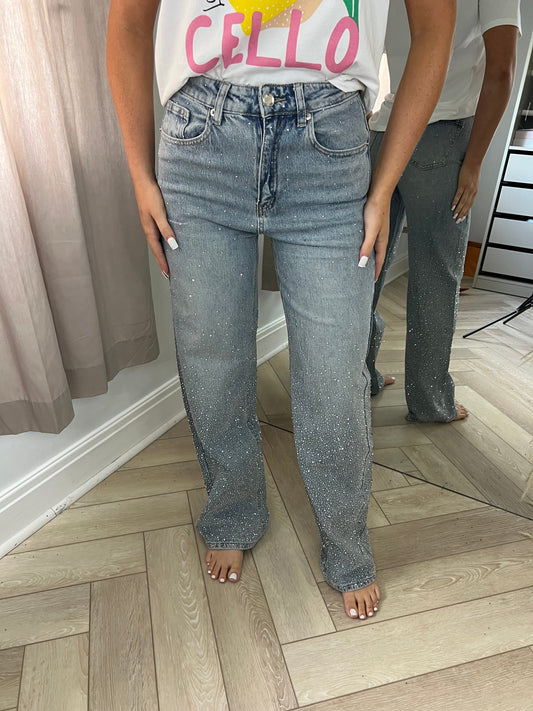Vintage Wash Ombré Diamanté Wide Leg Jeans