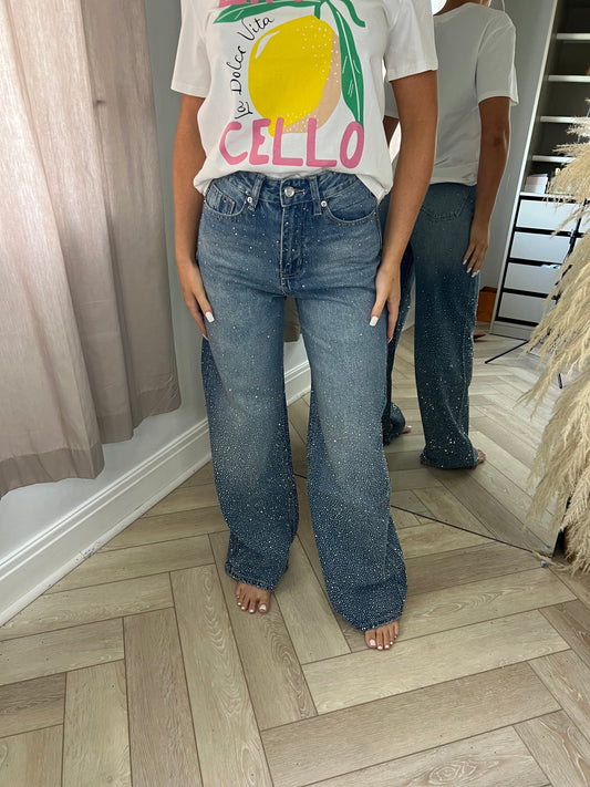 Dark Blue Ombré Diamanté Wide Leg Jeans