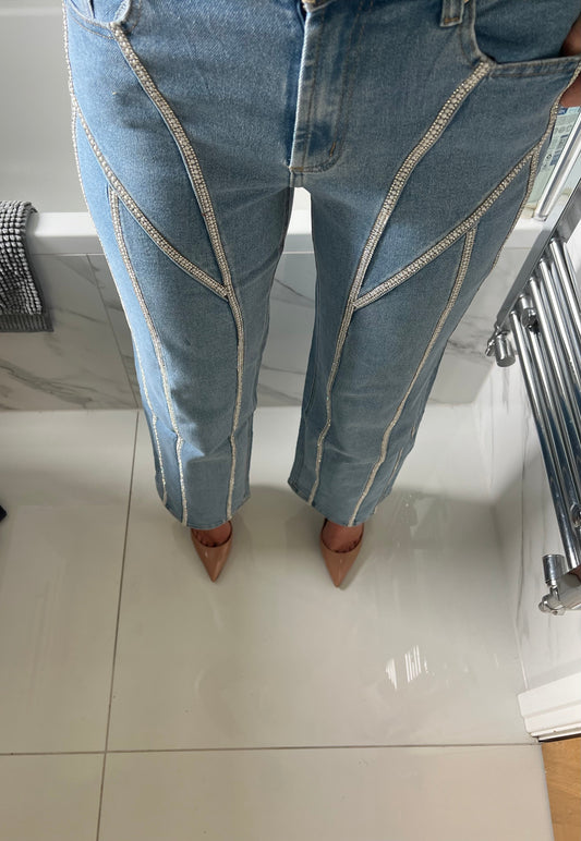 Pearl And Diamanté Detail Wide Leg Jeans