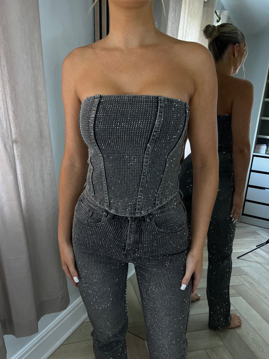 Light Grey Matching Diamanté Corset Top