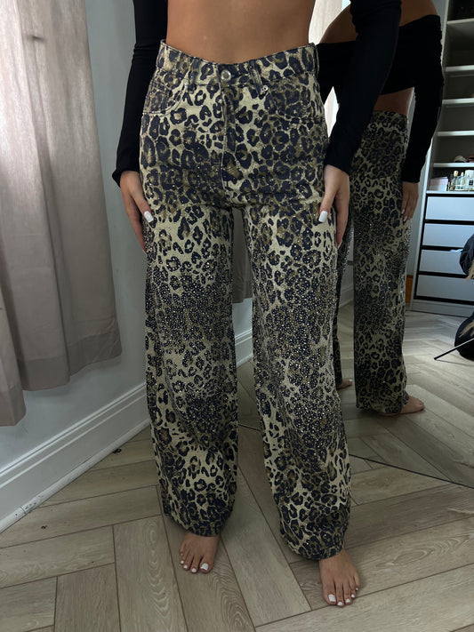Leopard Diamanté Wide Leg Jeans