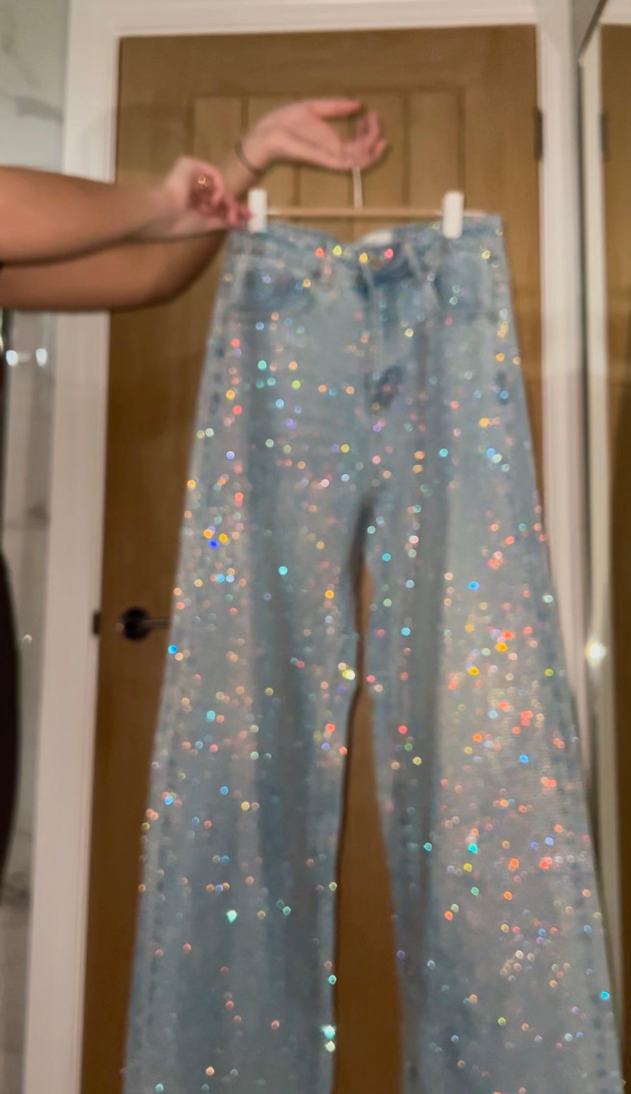 BABECURVE Rainbow Diamanté Blue Wide Leg Sparkle Covered Jeans
