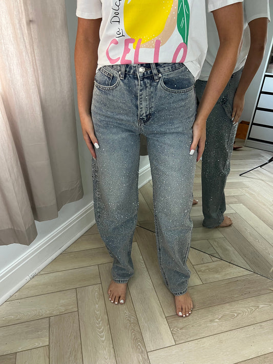 Blue Diamanté High Rise Balloon Leg Jeans