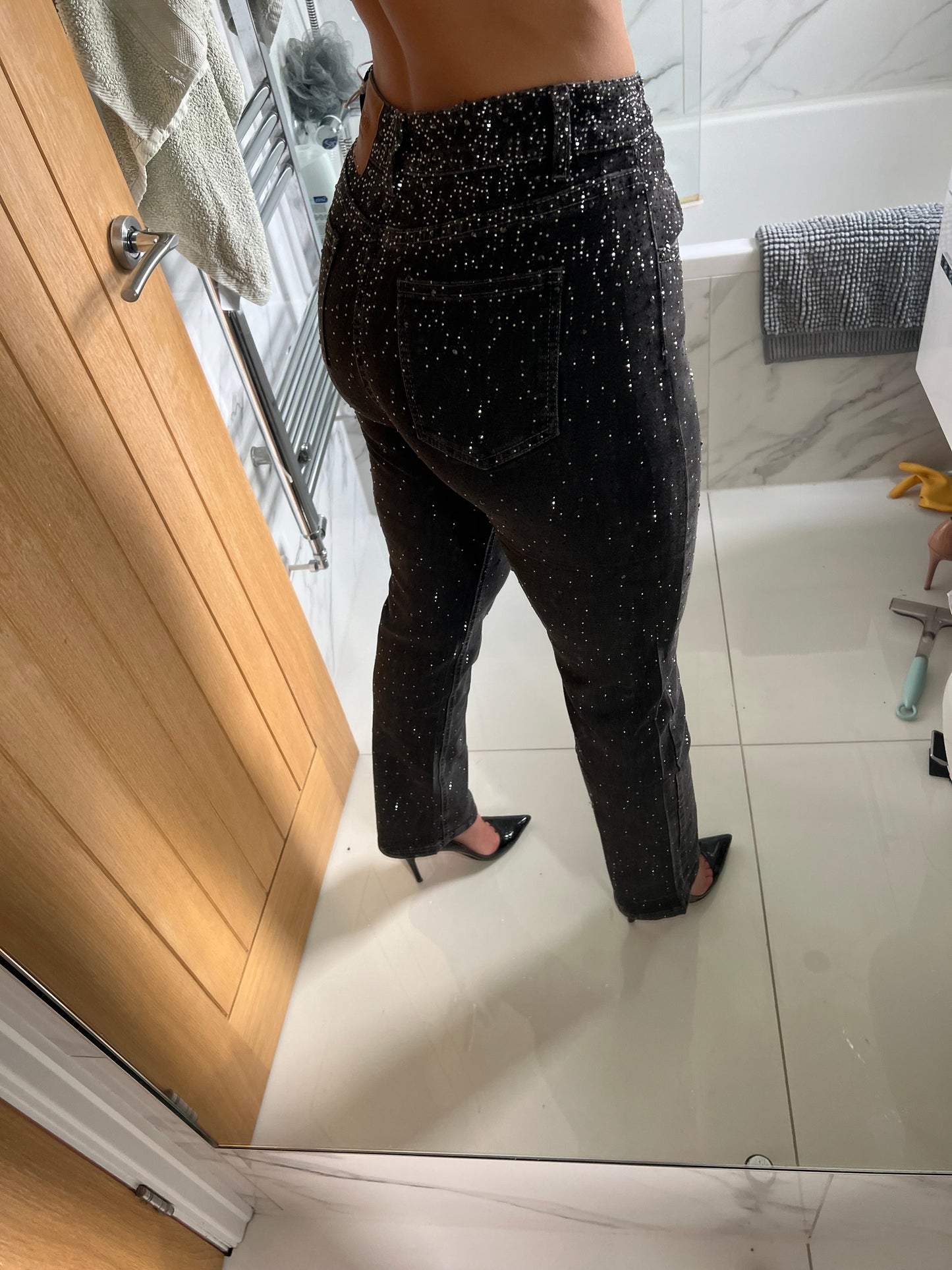 Washed Black Ombre Diamanté Straight Leg Jeans