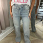 Cross Waistband Diamanté Acid Wash Blue Wide Leg Jeans
