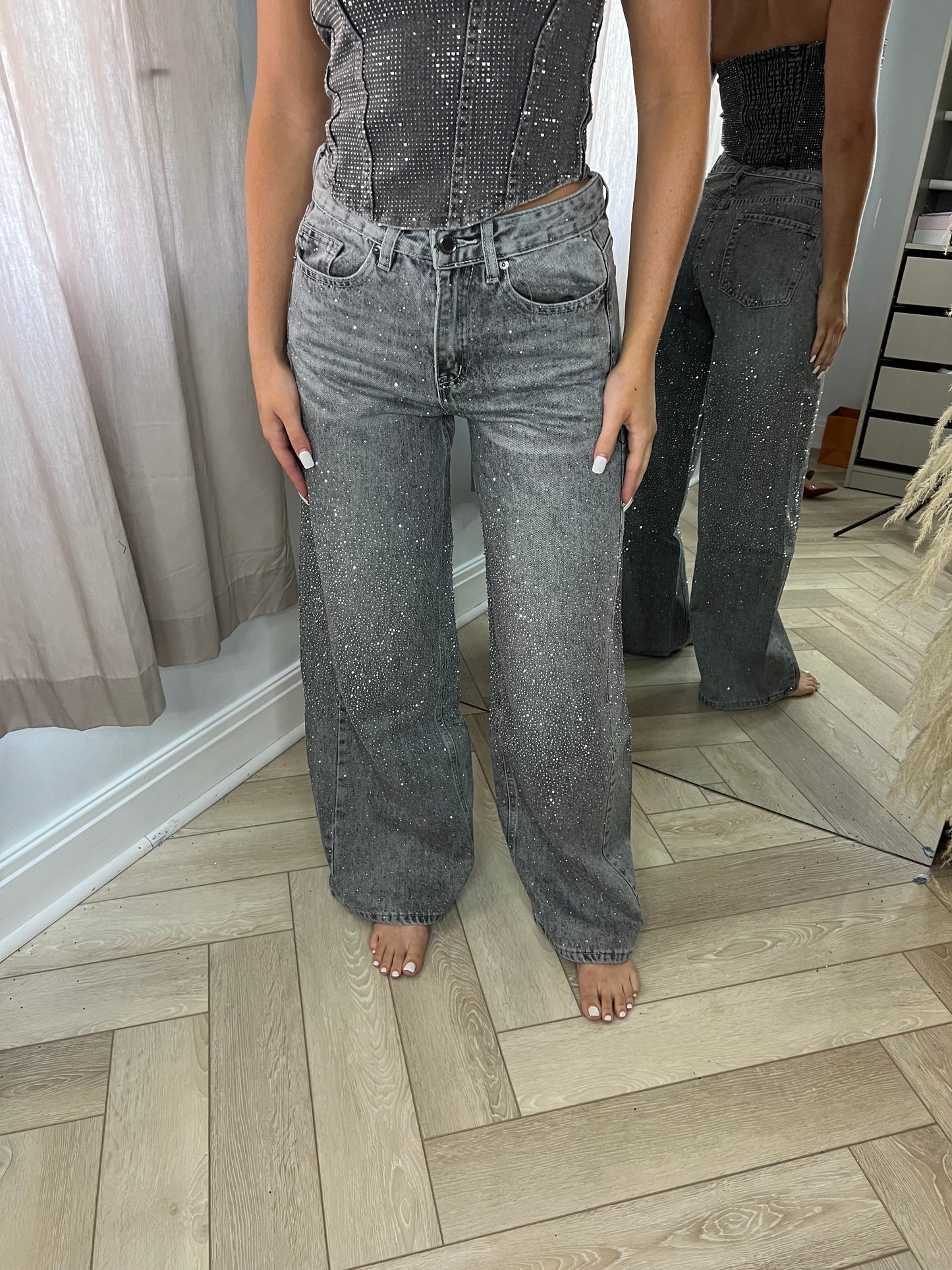 Grey Ombré Diamanté Wide Leg Jeans
