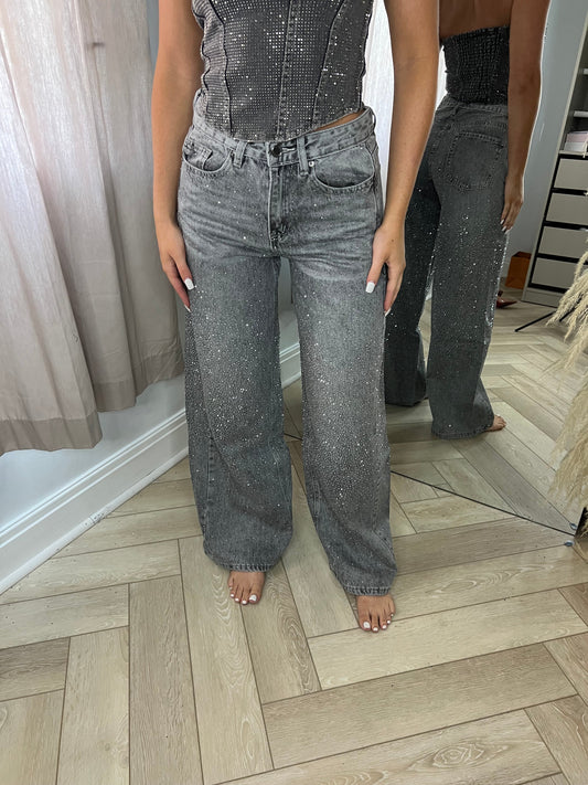 Grey Ombré Diamanté Wide Leg Jeans