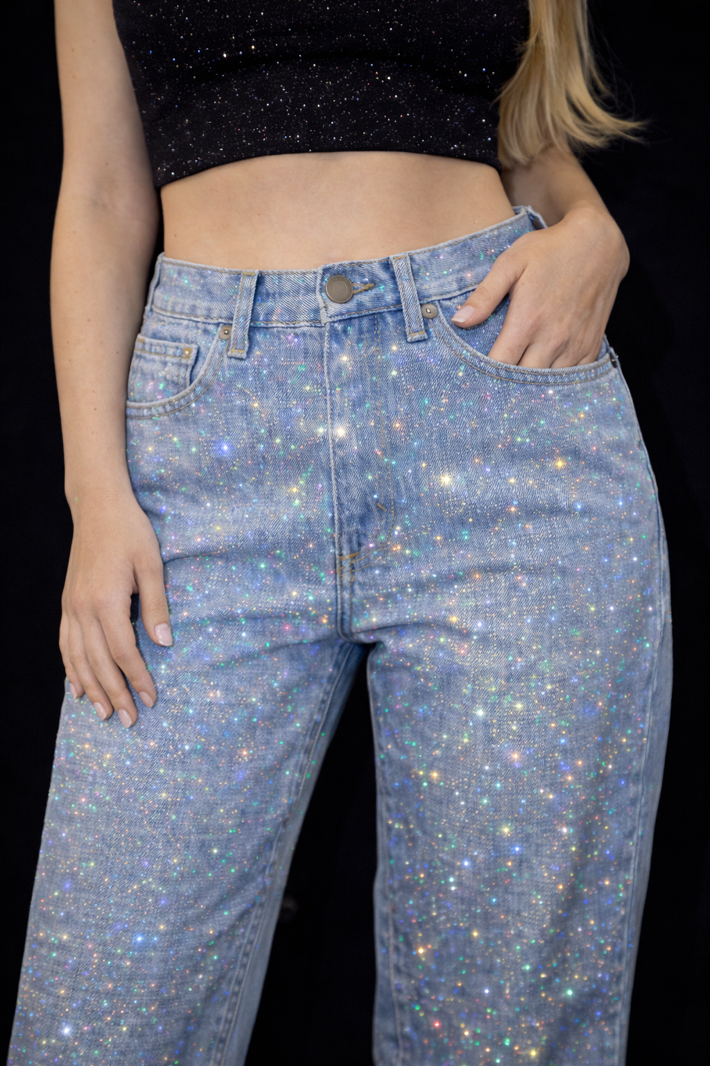 BABECURVE Rainbow Diamanté Blue Wide Leg Sparkle Covered Jeans