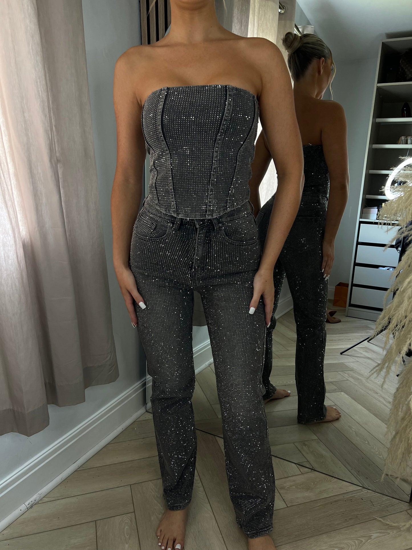 Light Grey Straight Leg Diamanté Jeans