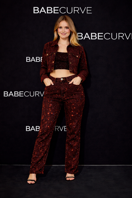 BABECURVE 3 Pcs Set - Straight Leg Diamanté Jeans With Jacket and Inside Free Size TOP