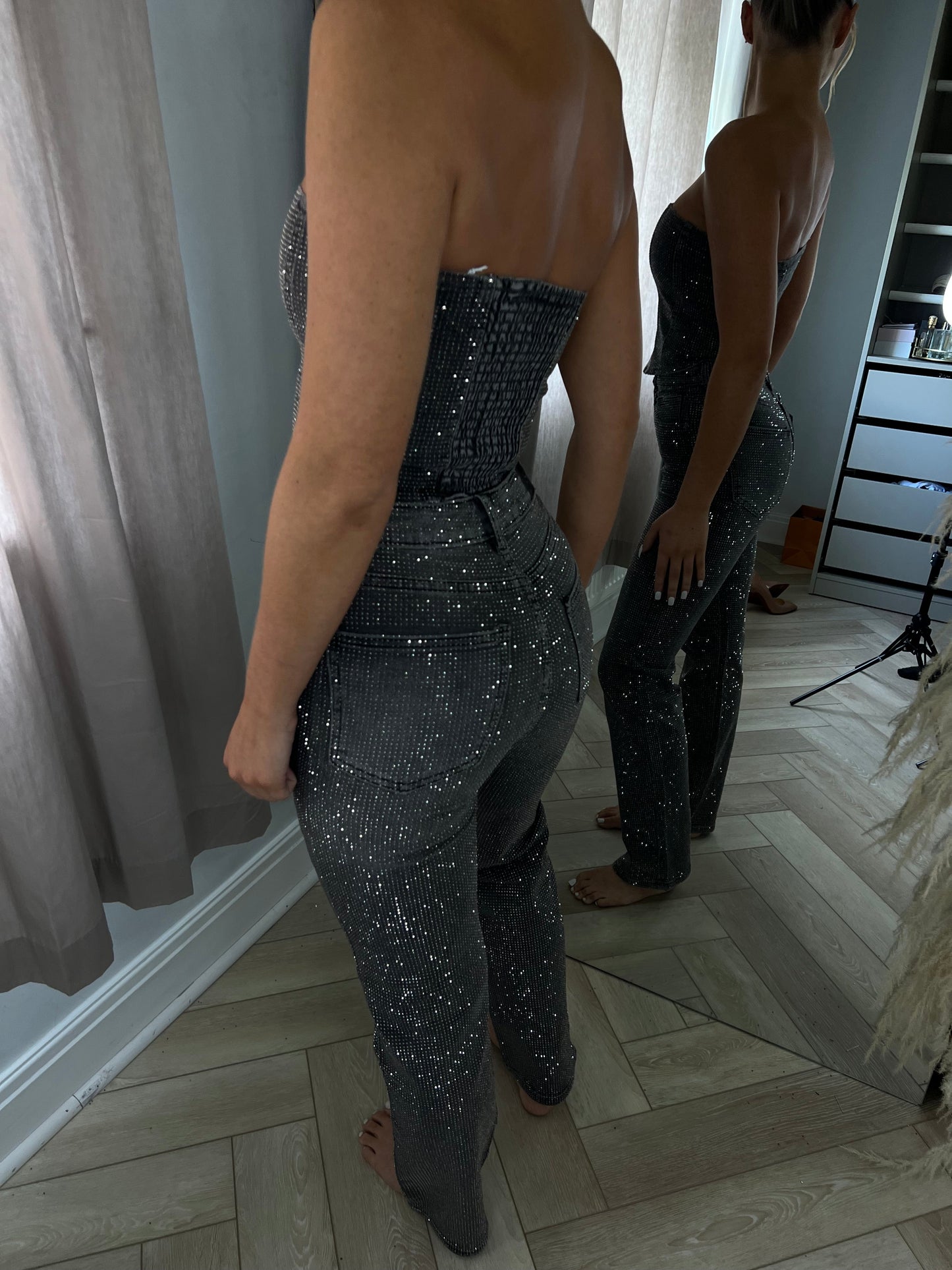 Light Grey Straight Leg Diamanté Jeans