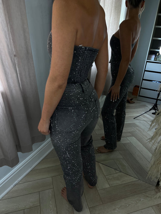 Light Grey Straight Leg Diamanté Jeans