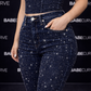 BABECURVE Navy Dark Blue Straight Leg Diamanté Jeans