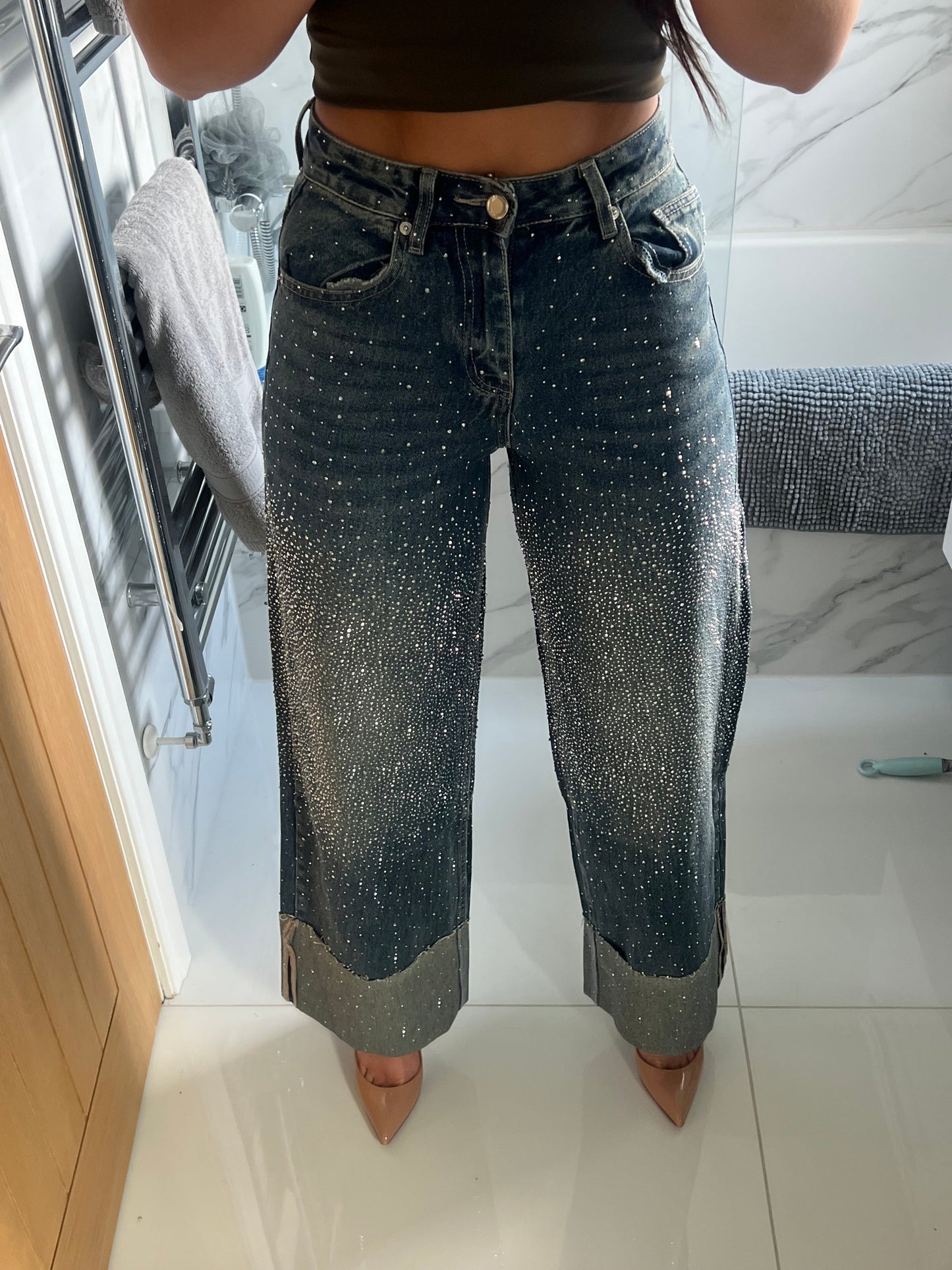 Dark Blue Folded Hem Diamanté Jeans