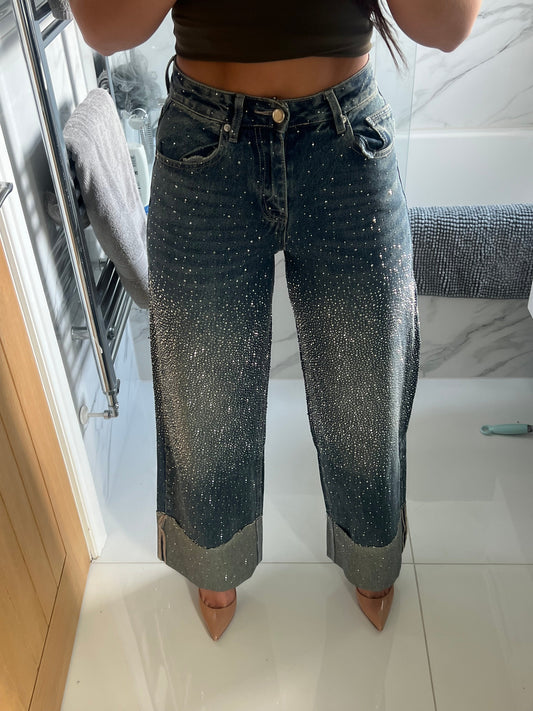 Dark Blue Folded Hem Diamanté Jeans