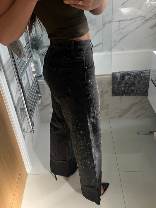 Dark Grey Folded Hem Diamanté Jeans