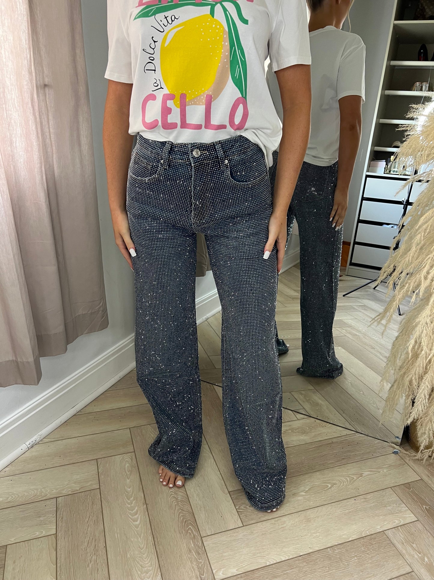 Tall 33” Dark Blue Diamanté Wide Leg Sparkle Covered Jeans