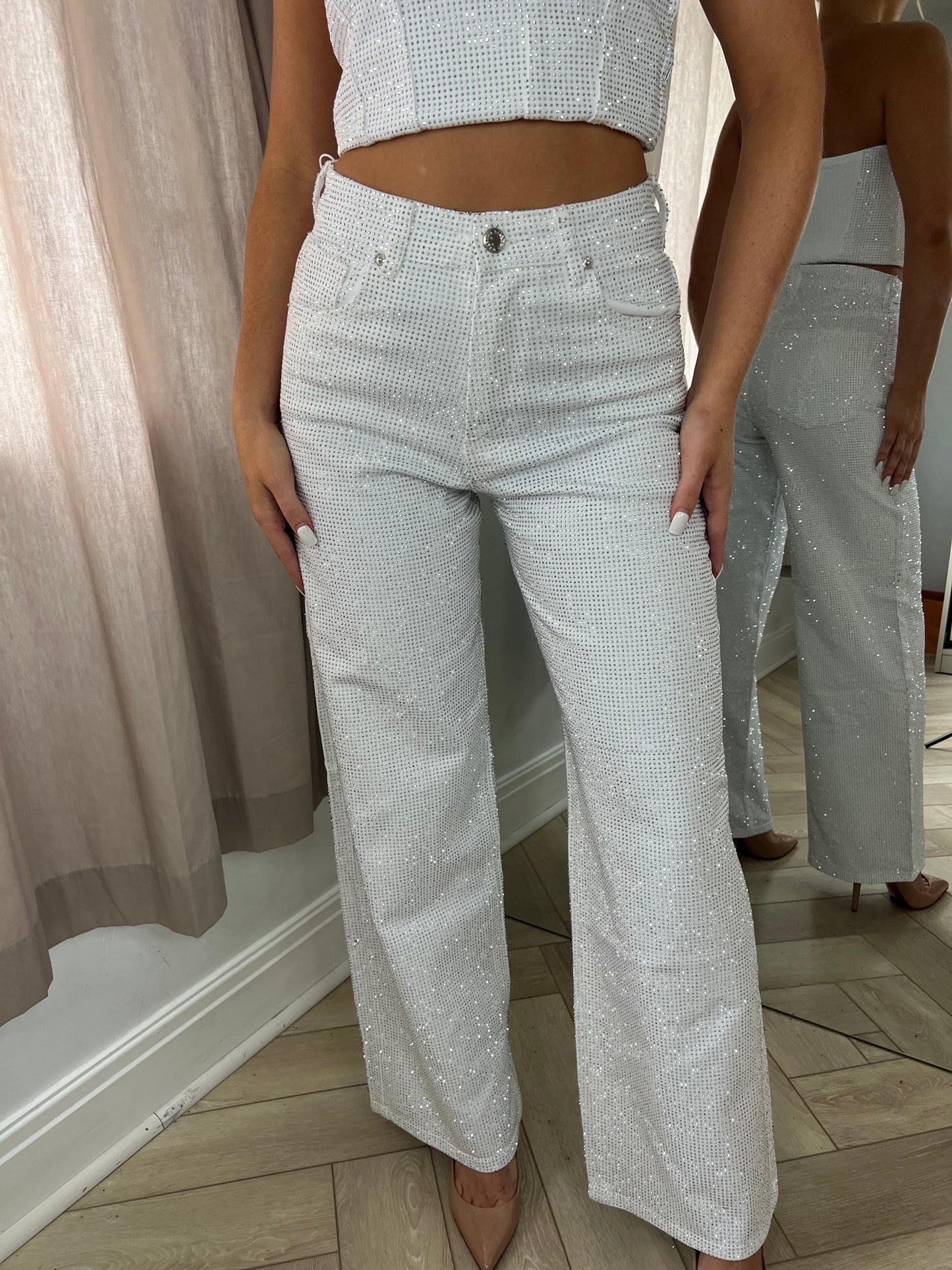 White Diamanté Mid Rise Wide Leg Jeans