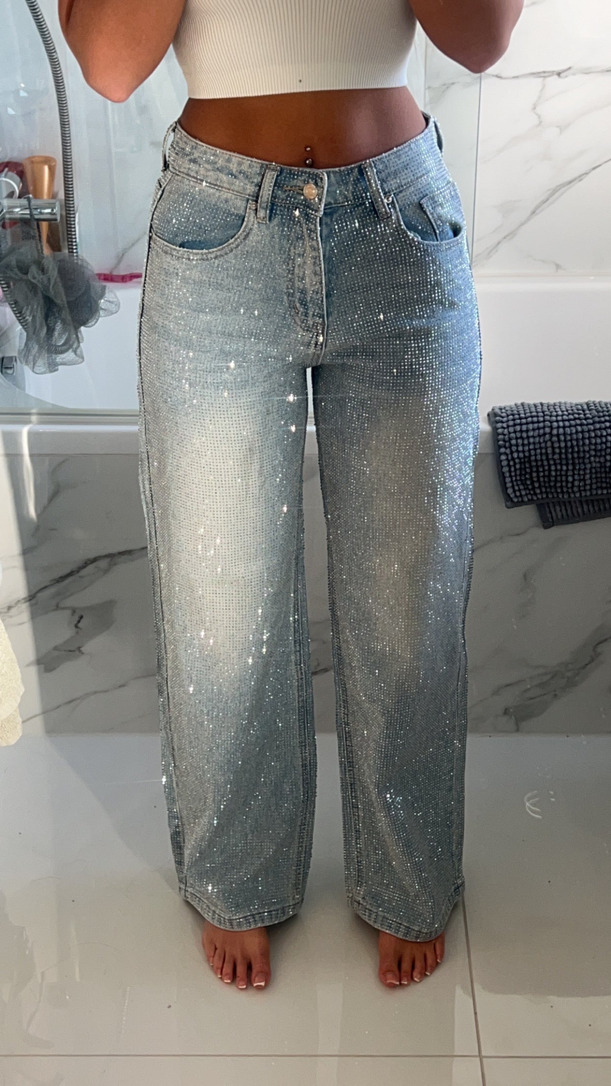 Silver Diamanté Blue Wide Leg Sparkle Covered Jeans
