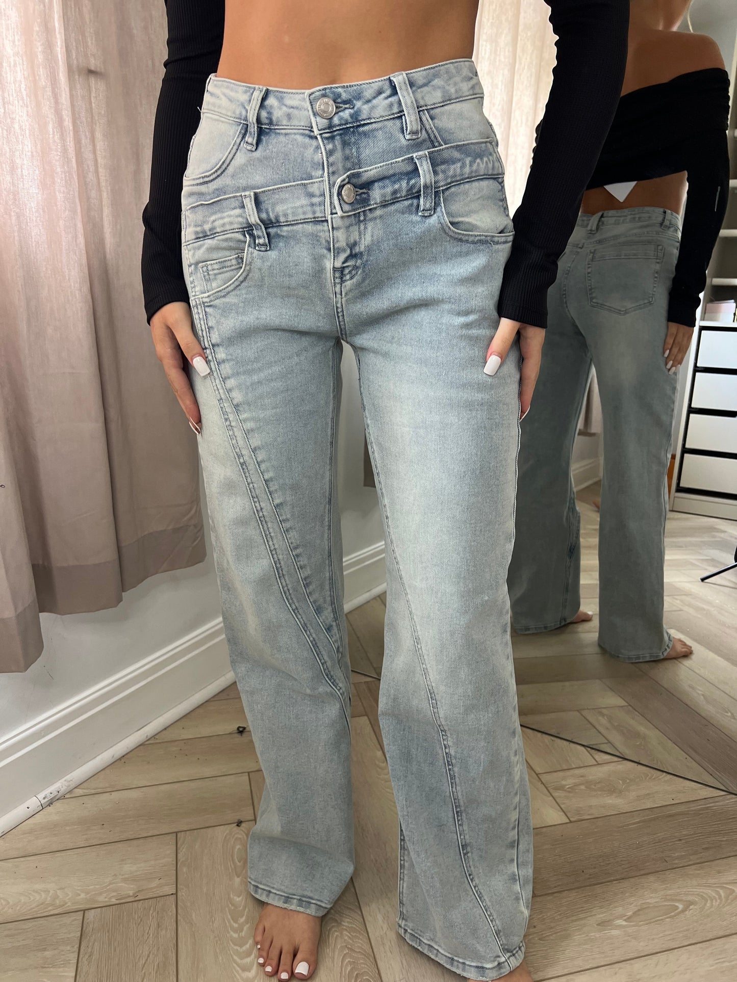Blue Double Waistband Wide Leg Jeans