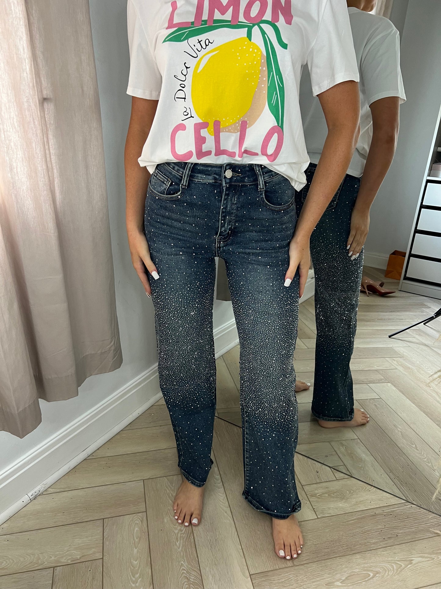 Petite 28.5” Dark Blue Diamanté Middle Detail Jeans