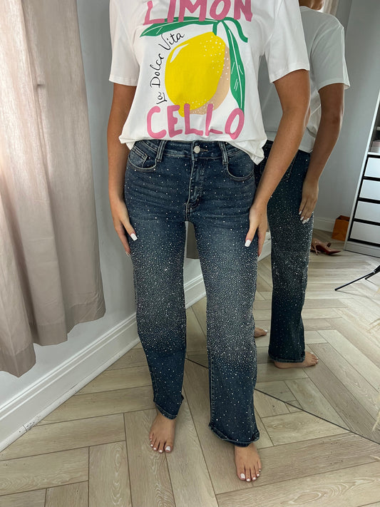 Petite 28.5” Dark Blue Diamanté Middle Detail Jeans