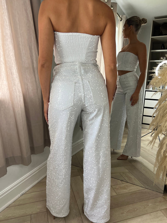 White Diamanté Mid Rise Wide Leg Jeans