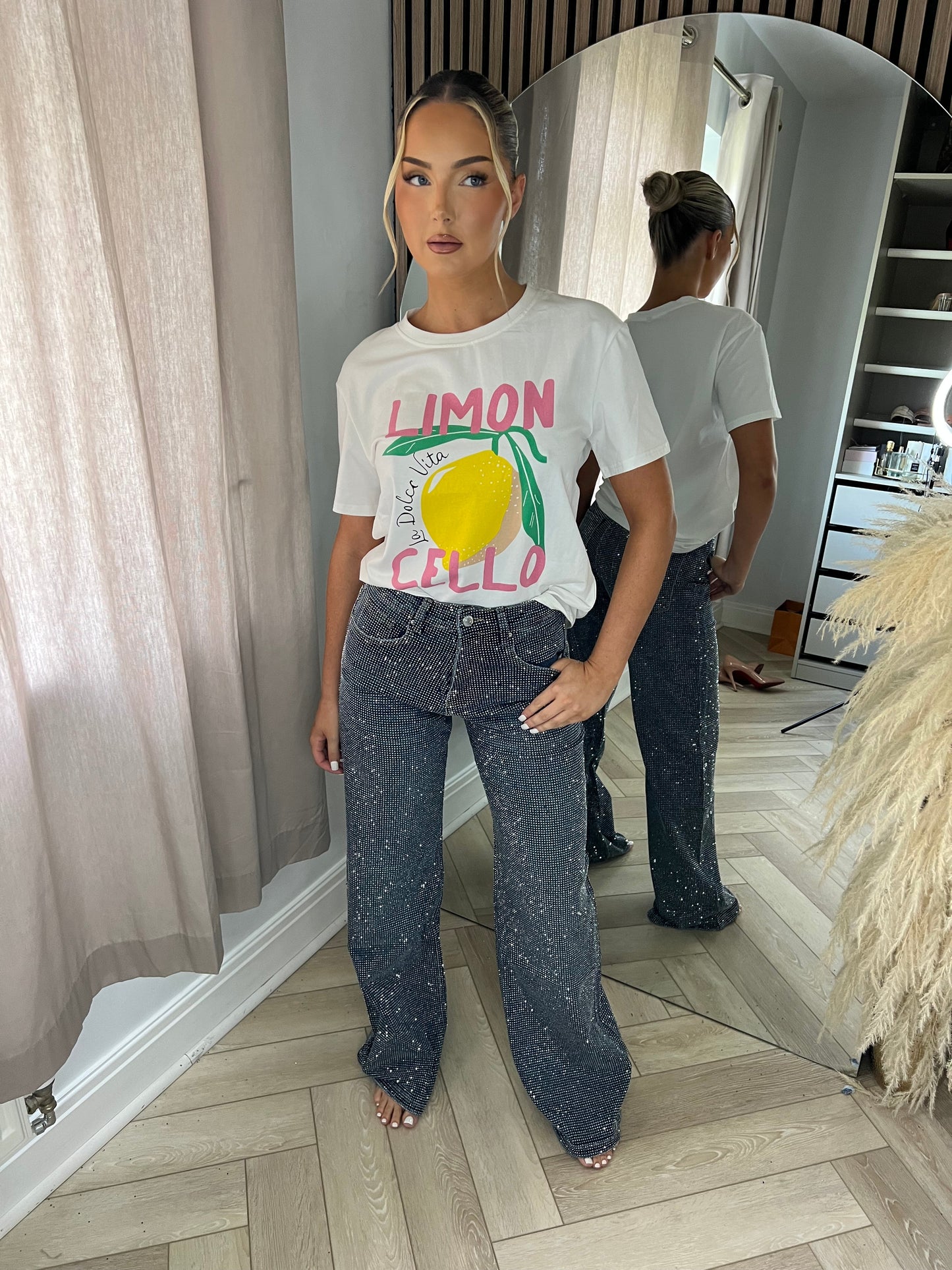 Tall 33” Dark Blue Diamanté Wide Leg Sparkle Covered Jeans