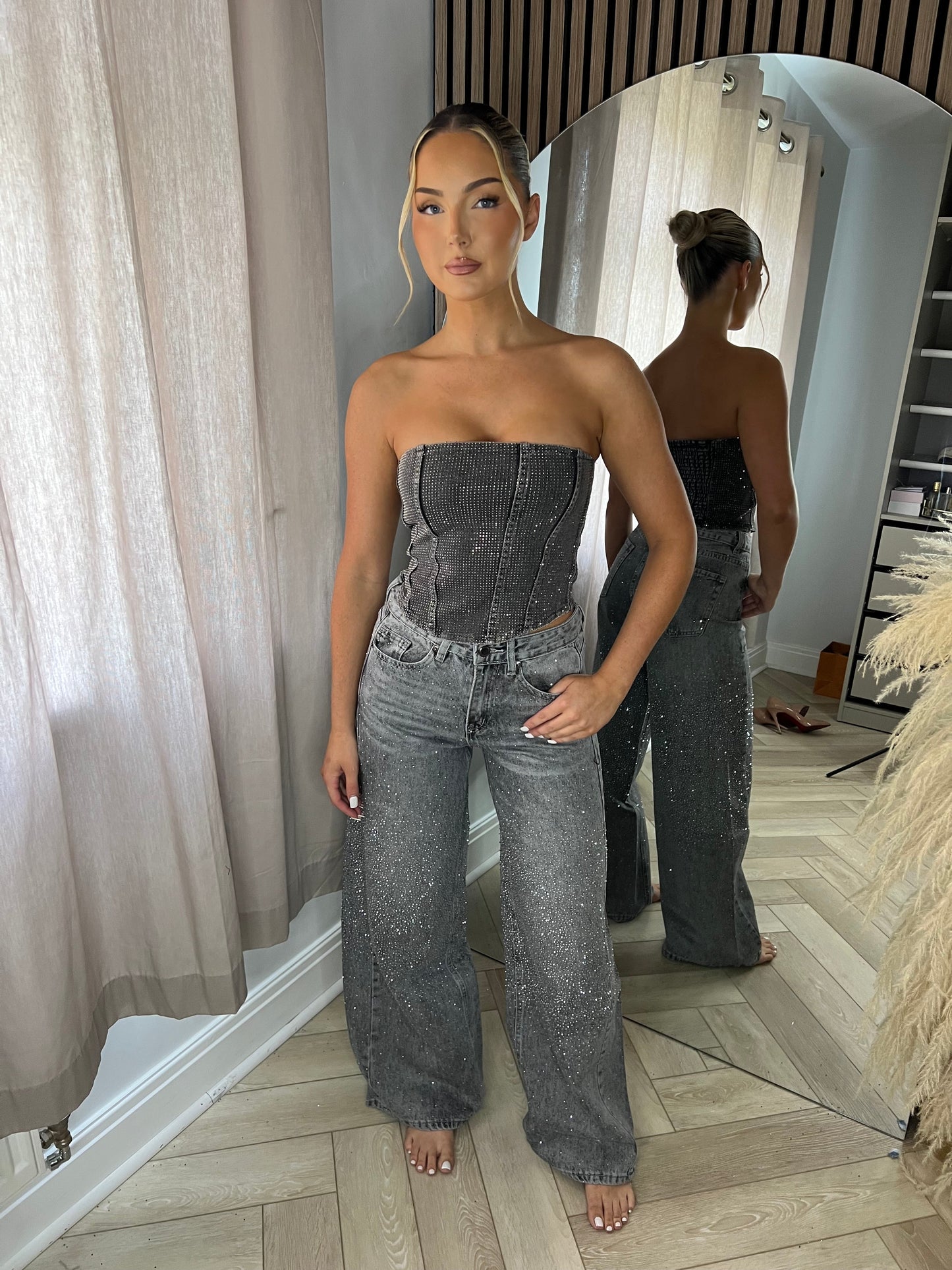 Grey Ombré Diamanté Wide Leg Jeans