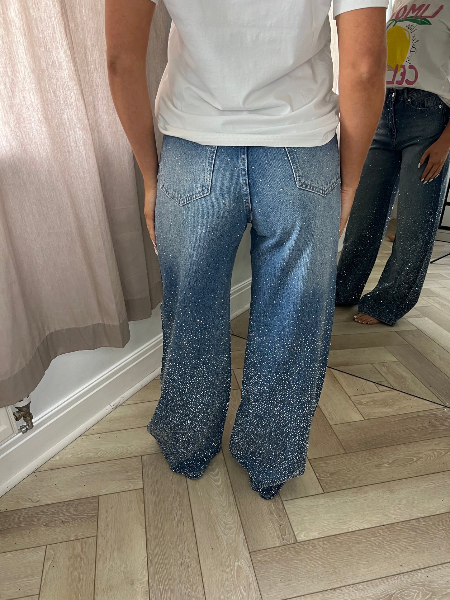 Dark Blue Ombré Diamanté Wide Leg Jeans