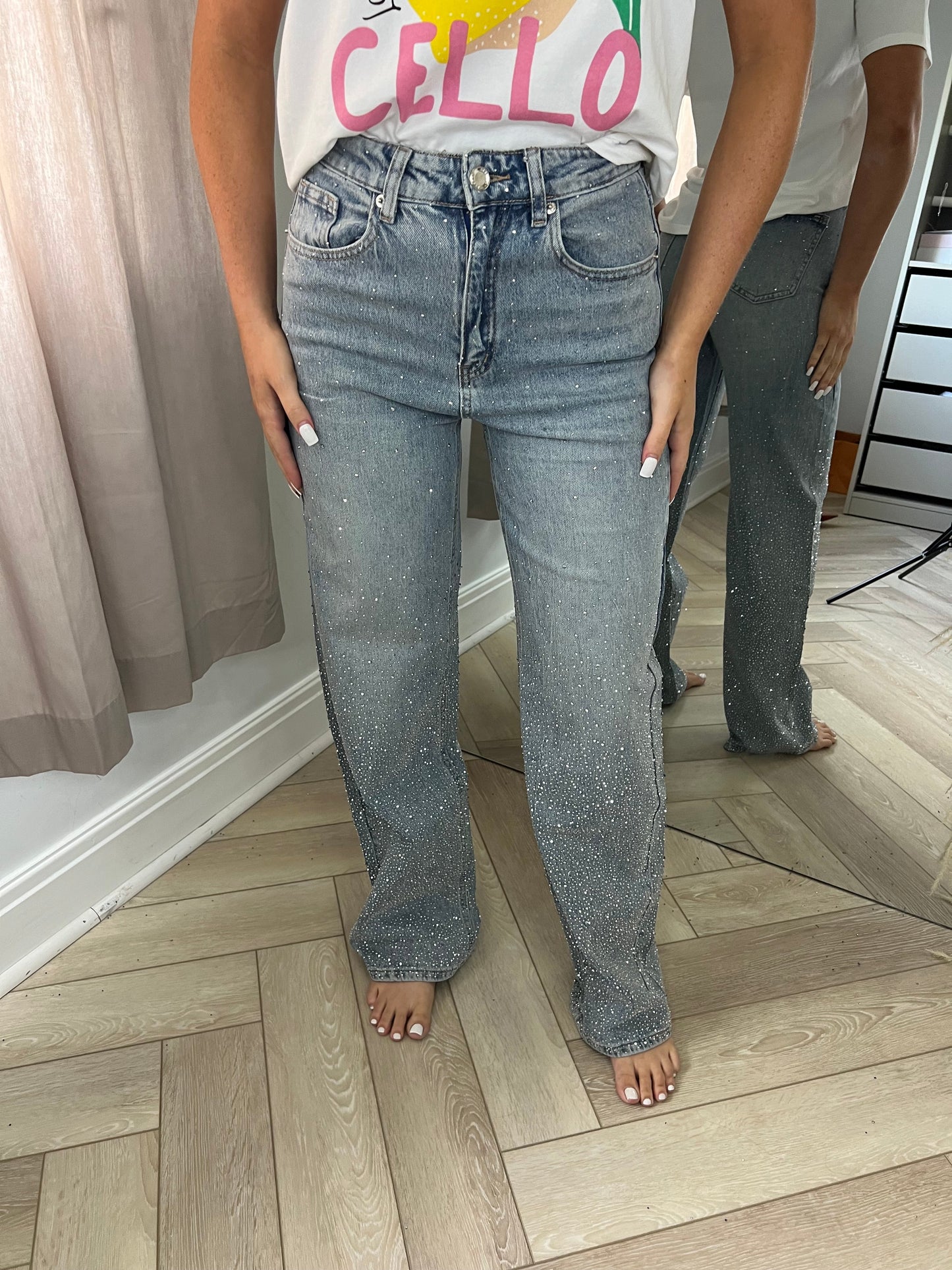 Vintage Wash Ombré Diamanté Wide Leg Jeans