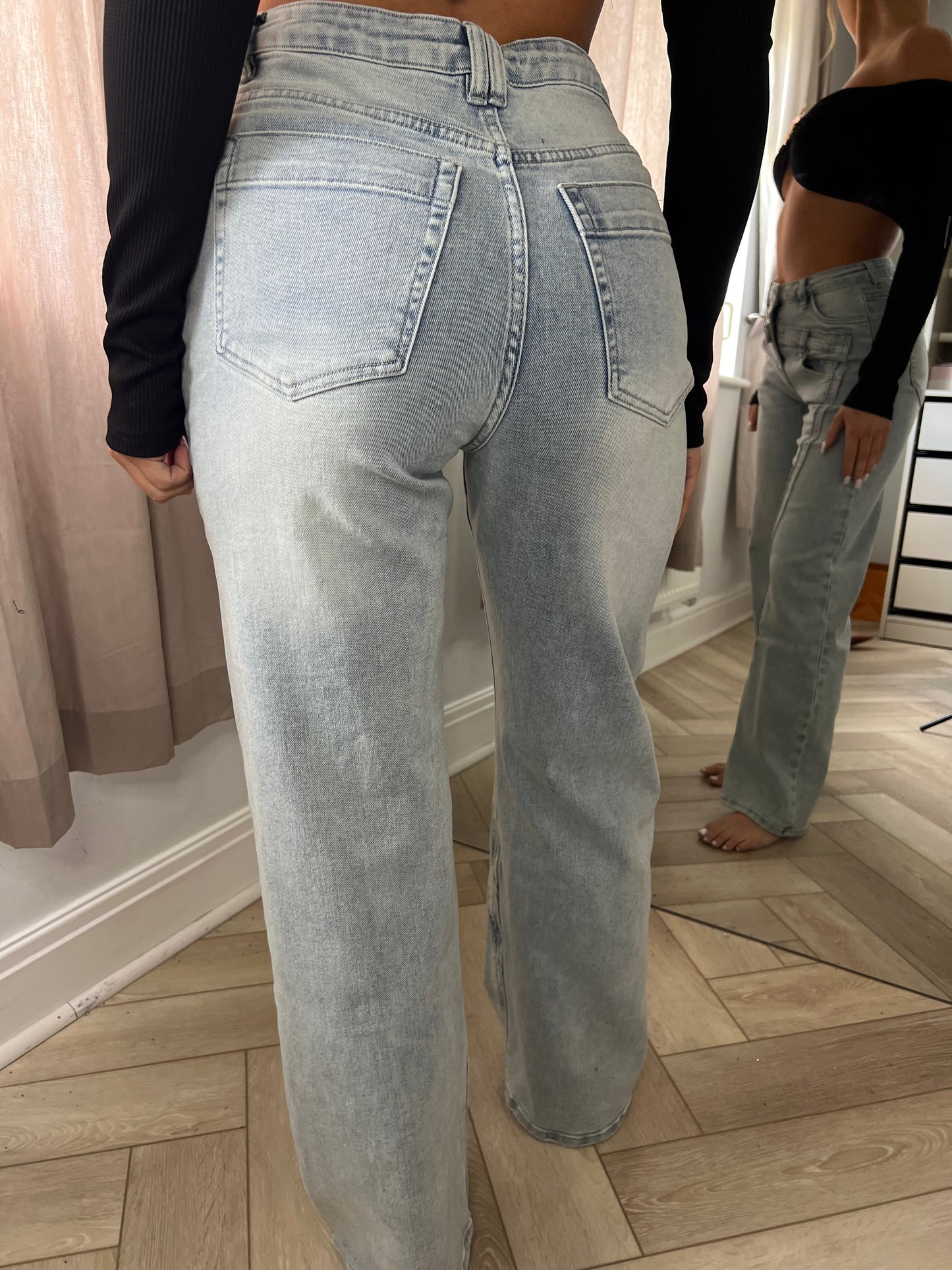 Blue Double Waistband Wide Leg Jeans