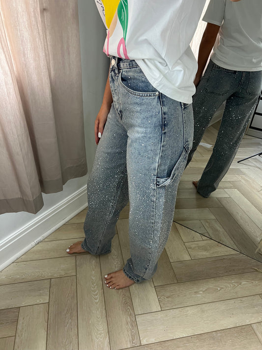 Blue Diamanté High Rise Balloon Leg Jeans
