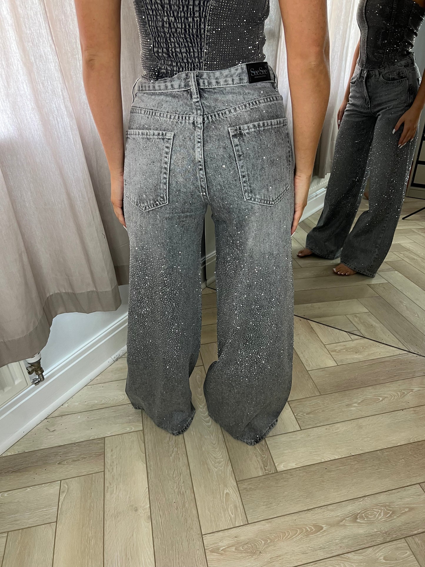 Grey Ombré Diamanté Wide Leg Jeans