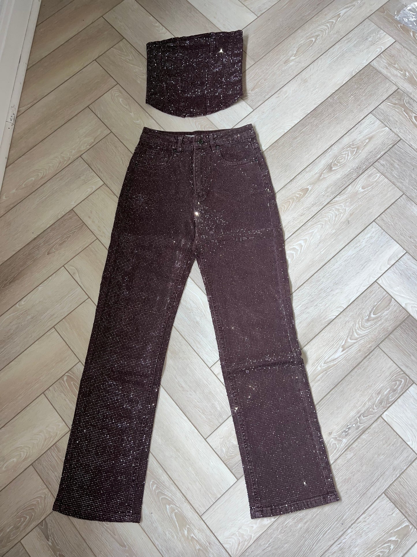 BABECURVE 3 Pcs Set - Straight Leg Diamanté Jeans With Jacket and Inside Free Size TOP