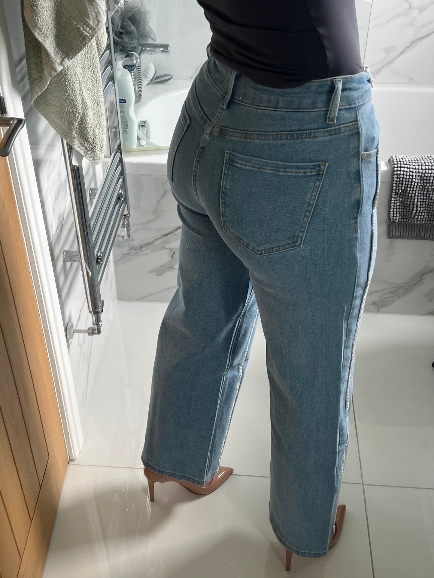 Pearl And Diamanté Detail Wide Leg Jeans