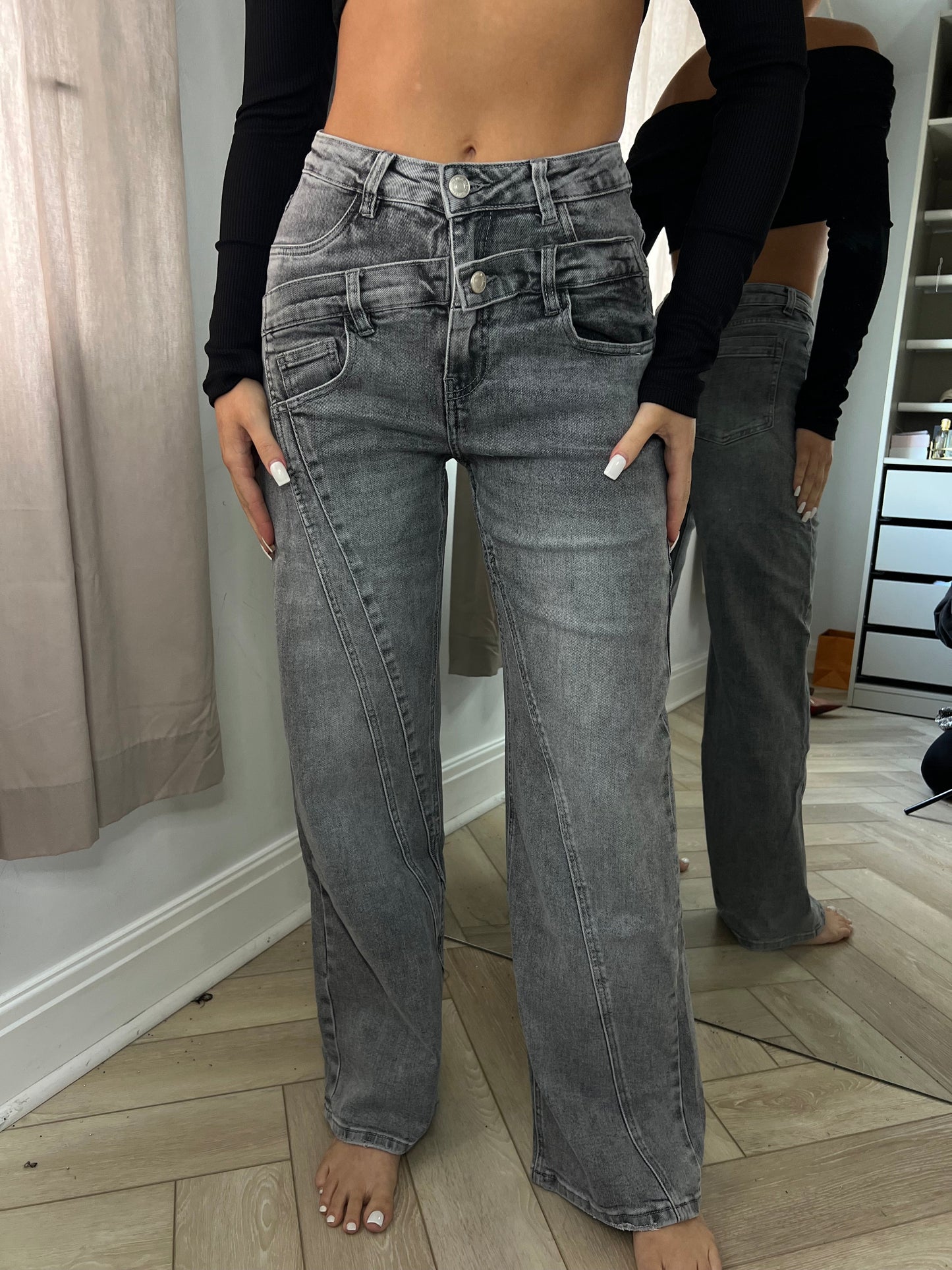 Grey Double Waistband Wide Leg Jeans