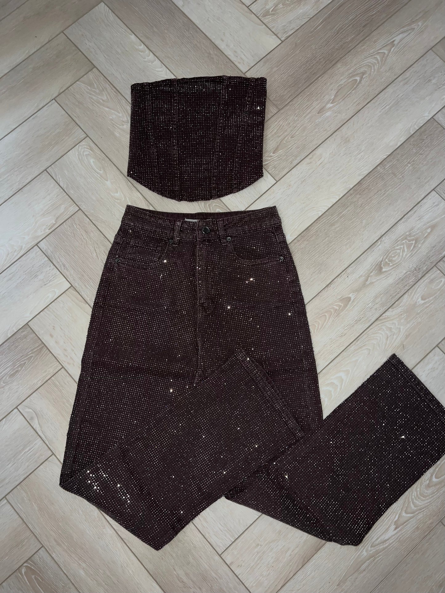 BABECURVE 3 Pcs Set - Straight Leg Diamanté Jeans With Jacket and Inside Free Size TOP