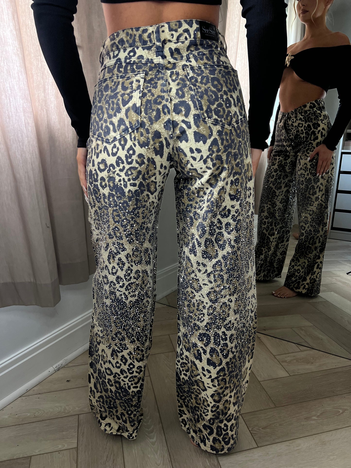 Leopard Diamanté Wide Leg Jeans