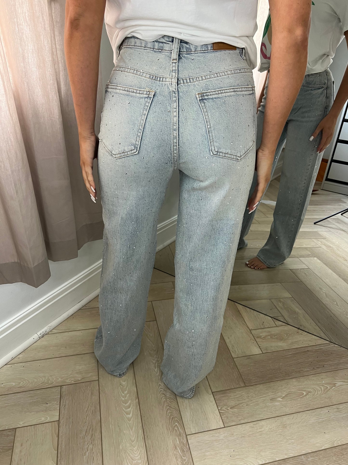 Cross Waistband Diamanté Acid Wash Blue Wide Leg Jeans