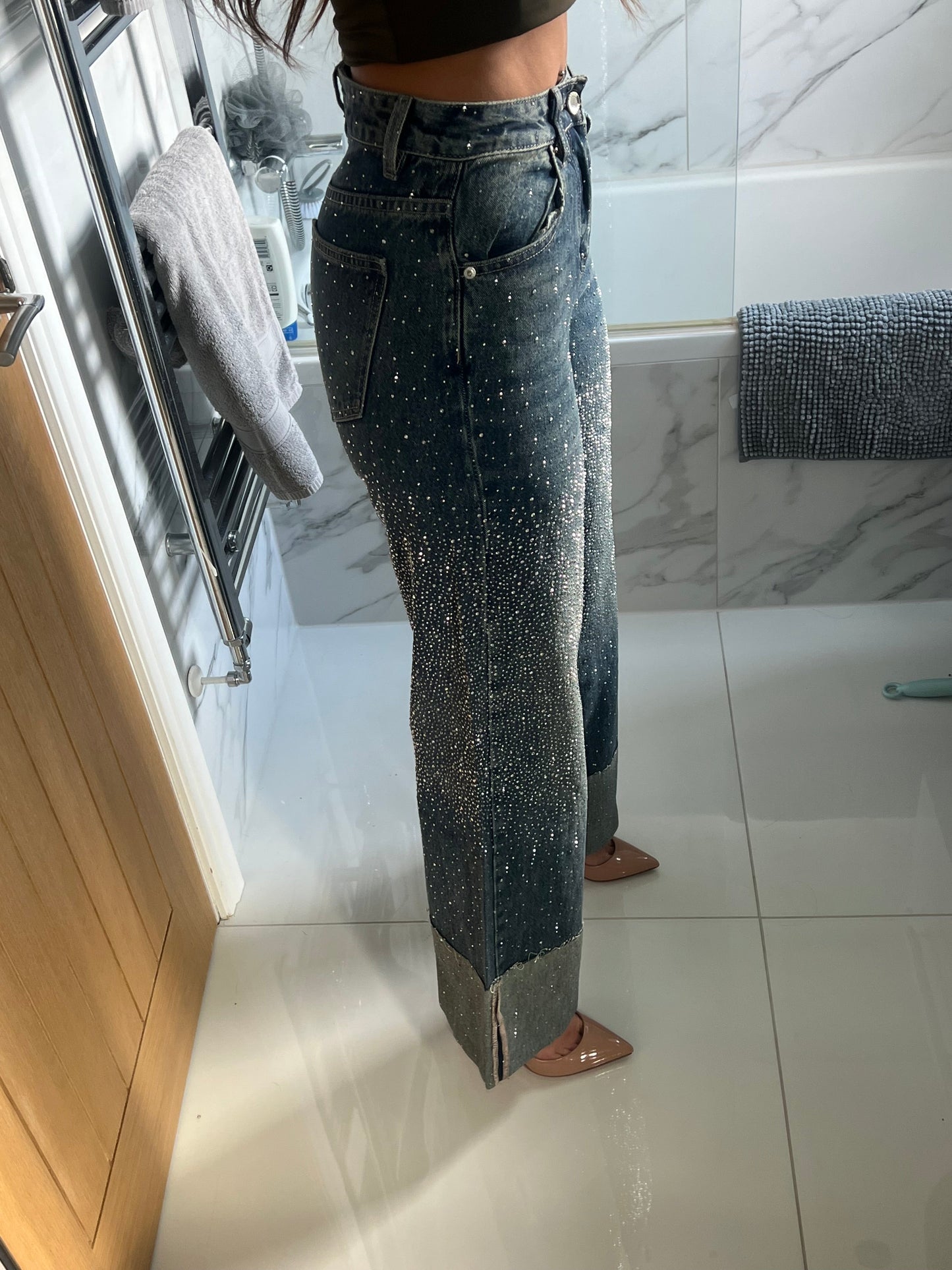 Dark Blue Folded Hem Diamanté Jeans