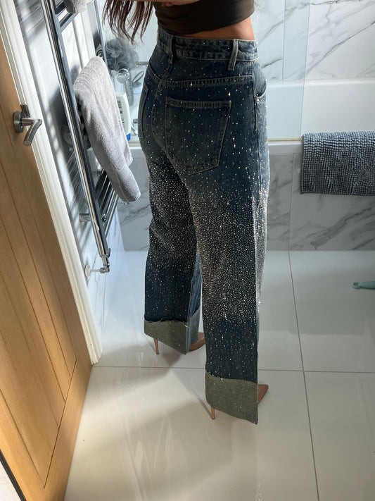 Dark Blue Folded Hem Diamanté Jeans